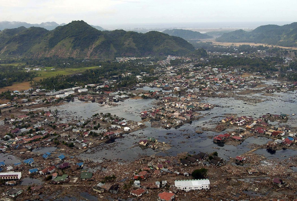 Indian Ocean (Jan. 2, 2005) – A village near the coast of Sumatra lies in ruins after the Tsunami that struck South East Asia.